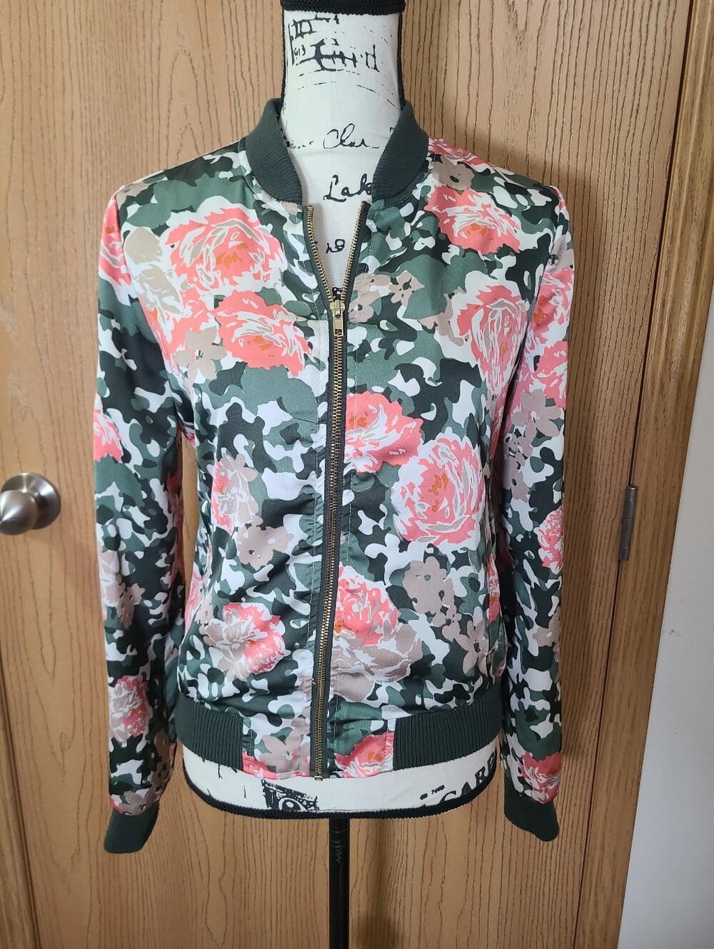 Wet Seal Camouflage Floral Gold Zipper Satin Bomber Jacket